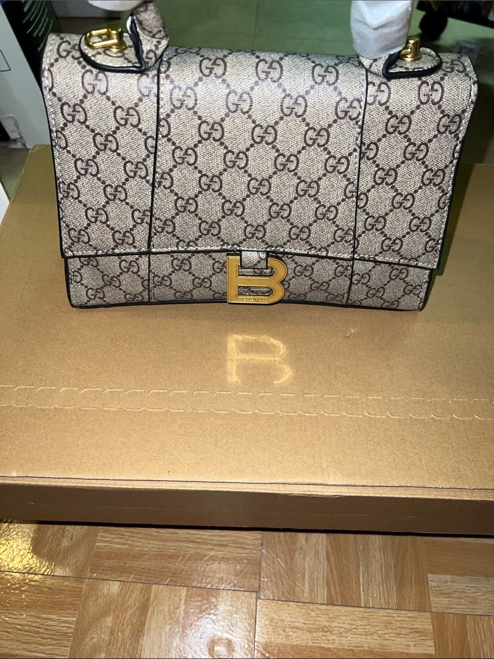 Beige Monogram Shoulder Bag with Gold B Hardware
